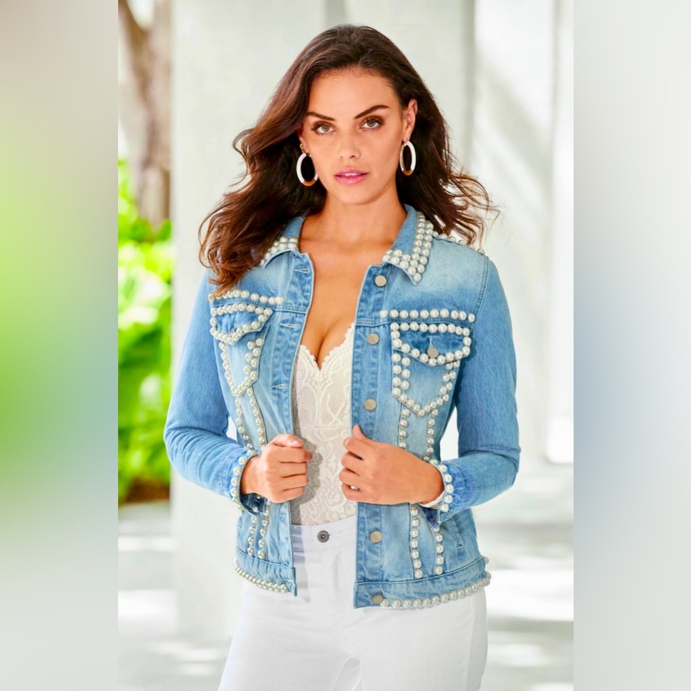 NWT Boston Proper Pearl Embellished Denim Jacket - originally $195! - Picture 2 of 11